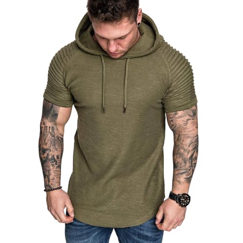 Oanviso Sweatshirt mit Kapuze für Herren Hoodie Kurzarm Outdoor Sport Shirts Mit Kordelzug Slim Fit Sweatshirts Frühling und Sommer Pull-Over Mit Taschen Einfarbig D Grün 3XL von Oanviso