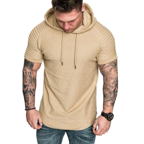 Oanviso Sweatshirt mit Kapuze für Herren Hoodie Kurzarm Outdoor Sport Shirts Mit Kordelzug Slim Fit Sweatshirts Frühling und Sommer Pull-Over Mit Taschen Einfarbig D Khaki 3XL von Oanviso