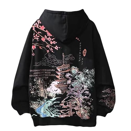 Oanviso Techwear Japanischer Harajuku Damen Plüsch Streetwear Kapuzenpullover Hoodie Pullover Bedruckter Hip Hop Teenager Hoodie Sweatshirt mit Kapuze Große Größe A Schwarz M von Oanviso