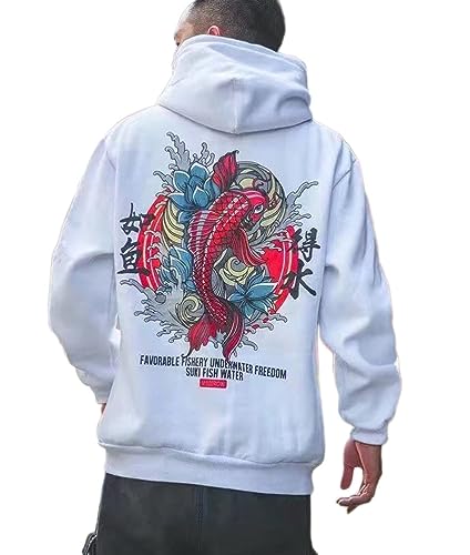 Oanviso Techwear Japanischer Harajuku Herren Drucken Kapuzenpullover Hip Hop Hoodie Pullover für Frühling Teenager Chic Hoodie Sweatshirt Lose Pullover Oversized F Weiß L von Oanviso