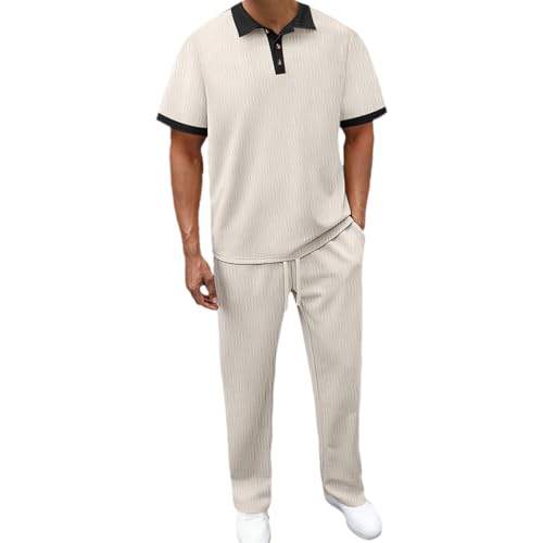 Oanviso Tracksuit Herren Hausanzug Freizeitanzug 2 Teiliges Outfit Kurzarm Polo T-Shirt + Lange Hose Sommer Herbst Business Farbgebung Männer Set A Khaki XL von Oanviso