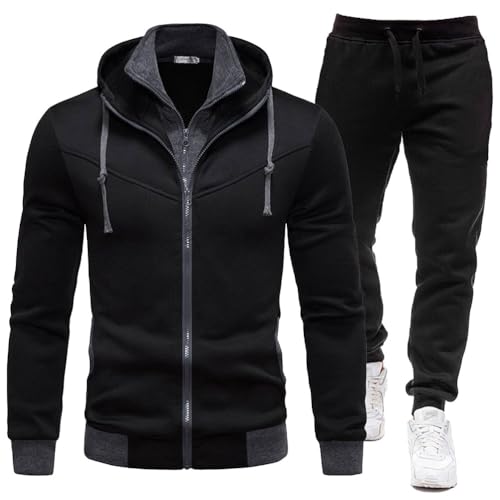 Oanviso Trainingsanzug Herren Langarm Jogginganzug Reversjacke + Freizeithose Laufanzug Tracksuit Sweatshirt Kapuzenpullover Sweatjacke Sporthose Fitness Sportanzug A Schwarz XXL von Oanviso