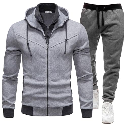 Oanviso Trainingsanzug Herren Langarm Jogginganzug Reversjacke + Freizeithose Laufanzug Tracksuit Sweatshirt Kapuzenpullover Sweatjacke Sporthose Fitness Sportanzug B Grau L von Oanviso