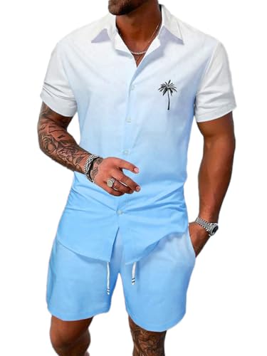 Oanviso Trainingsanzug für Herren Sommer Sportanzug 2 Teiliges Outfit Bedruckte T-Shirts + Shorts Set Freizeitanzug Männer Freizeithemden mit Knöpfen und Sporthose B Hellblau L von Oanviso