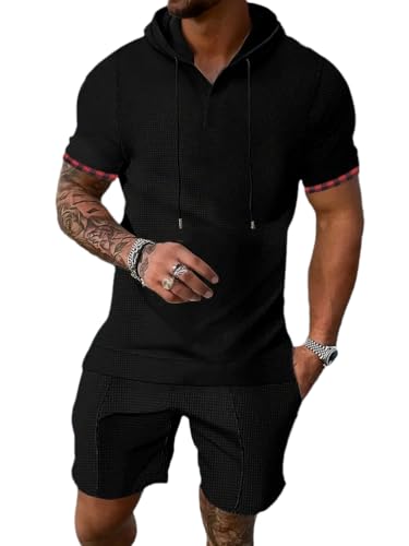 Oanviso Trainingsanzug für Herren Sommer Sportanzug Outfit Kurzarm Hoodie Hemd mit Kapuze T-Shirts + Shorts Set Freizeitanzug Männer Sweatshirt und Sporthose A Schwarz L von Oanviso
