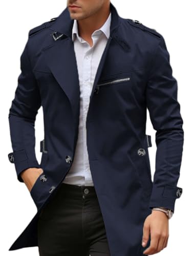 Oanviso Trenchcoat Herren Lang Wintermantel Business Einfarbiger Steppjacke Windbreaker Mode Umlegekragen Langarm Übergangsjacke Vintage Freizeitjacke Reverskragen A Marine XXL von Oanviso