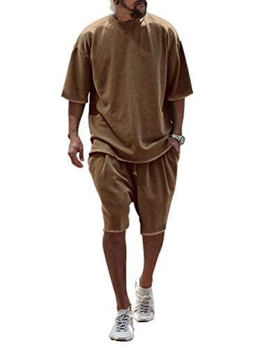 Oanviso Zweiteiliges Set Casual Herren Sommer Set T-Shirt + Shorts Leicht Jogging Set Kurzarm Einfarbig Sets Rundhals Freizeitanzüge Atmungsaktiv Sportanzug Loose 2-Teiliges Frottee A Braun L von Oanviso