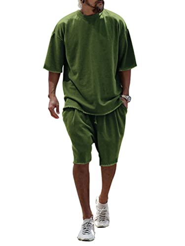 Oanviso Zweiteiliges Set Casual Herren Sommer Set T-Shirt + Shorts Leicht Jogging Set Kurzarm Einfarbig Sets Rundhals Freizeitanzüge Atmungsaktiv Sportanzug Loose 2-Teiliges Frottee A Grün XXL von Oanviso