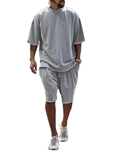 Oanviso Zweiteiliges Set Casual Herren Sommer Set T-Shirt + Shorts Leicht Jogging Set Kurzarm Einfarbig Sets Rundhals Freizeitanzüge Atmungsaktiv Sportanzug Loose 2-Teiliges Frottee A Hellgrau XL von Oanviso