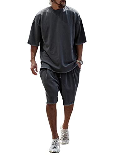 Oanviso Zweiteiliges Set Casual Herren Sommer Set T-Shirt + Shorts Leicht Jogging Set Kurzarm Einfarbig Sets Rundhals Freizeitanzüge Atmungsaktiv Sportanzug Loose Fit 2-Teiliges A Dunkelgrau L von Oanviso