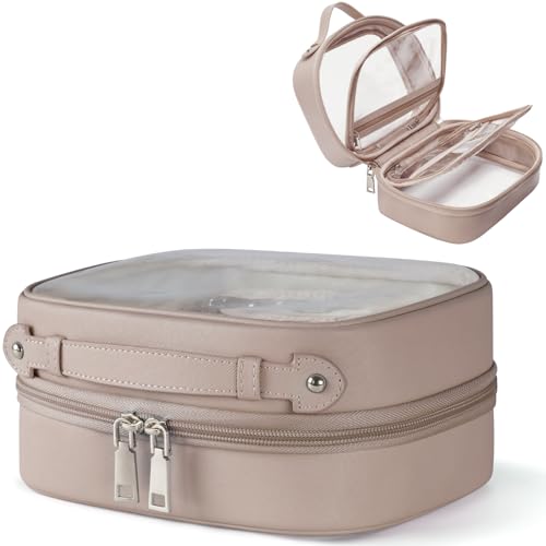 Oaque Klare Kosmetiktasche Doppelschicht Reise Kulturbeutel Klar Make-up Tasche Fall mit 4 Fächern Transparente Reisetasche für Toilettenartikel Große Kulturtasche für Frauen Kosmetikkoffer, Taupe von Oaque