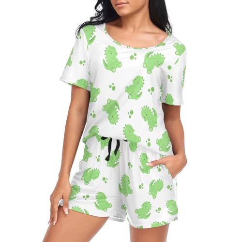 Oarencol Damen-Pyjama-Set, Dino-Pyjama-Set, kurzärmelig, Nachtwäsche, niedliche Tierpfote, weich, Lounge-Sets mit Taschen, S-XXL, multi, 38 von Oarencol