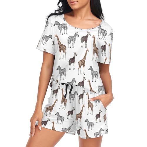Oarencol Damen-Pyjama-Set, Giraffe, Okapi, Zebra, kurzärmelig, Nachtwäsche, weiche Pyjama-Lounge-Sets mit Taschen, S-XXL, multi, S von Oarencol