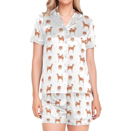Oarencol Damen-Pyjama-Set, niedliches Akita-Inu-Hunde-Pyjama, kurzärmelig, Nachtwäsche, weicher Satin, Pyjama-Set mit Taschen, S-XXL, multi, 42 von Oarencol