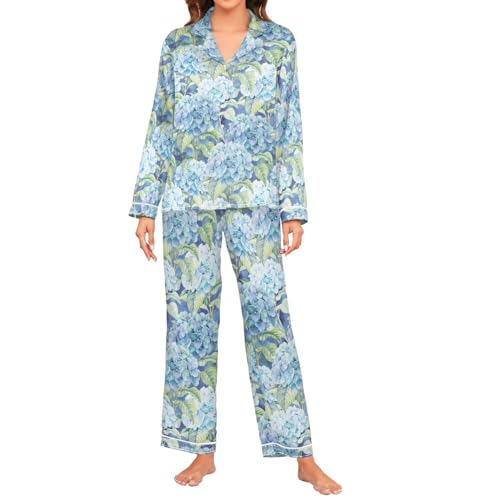 Oarencol Damen Pyjama Set Hortensie Blume Blätter Langarm Nachtwäsche Blau Floral Soft Satin Pjs Lounge Sets mit Taschen, multi, 48 von Oarencol