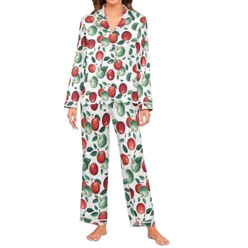 Oarencol Damen Pyjama Set Rot Grün Äpfel Langarm Nachtwäsche Früchte Blätter Weiche Satin Pjs Lounge Sets mit Taschen, multi, 46 von Oarencol