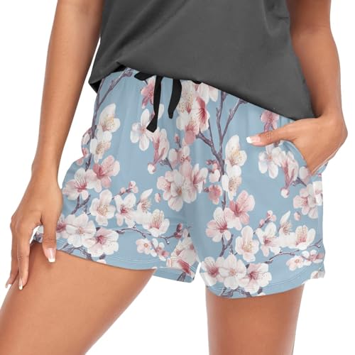 Oarencol Damen Pyjama-Shorts Kirschblüten Blumen Blau Nachtwäsche Lounge Schlafhose mit Taschen S-XXL, multi, 38 von Oarencol