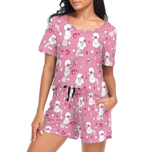 Oarencol Pyjama-Set für Damen, Motiv: Hund, Pudel, Herz, Blume, Schmetterling, kurzärmelig, Nachtwäsche, weich, mit Taschen, S-XXL, multi, 42 von Oarencol