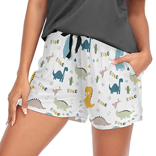 Oarencol Süße Dinosaurier Kaktus Damen Pyjama Shorts Tiere Dino Lounge Schlafhose mit Taschen S-XXL, multi, 48 von Oarencol