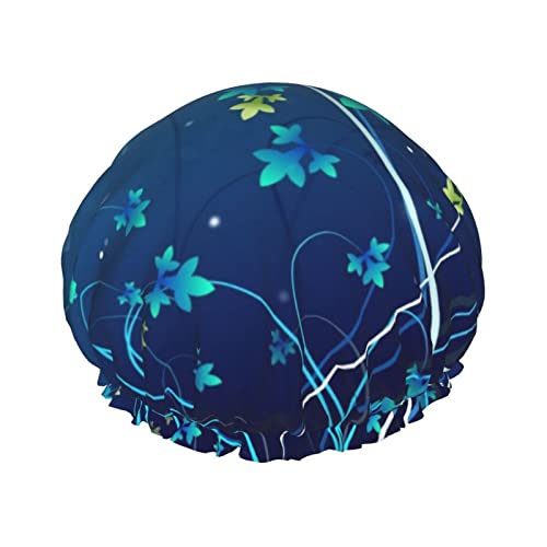 Blaue Mini-Duschhaube, mit Blumen-Wirbeln, wiederverwendbare Duschhaube für Damen, doppellagig, wasserdicht, für alle Haarlängen von ObabO