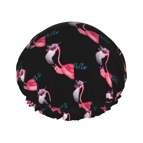 Hello Glasses Flamingo-Duschhaube, wiederverwendbare Duschhaube für Damen, doppellagig, wasserdicht, für alle Haarlängen von ObabO