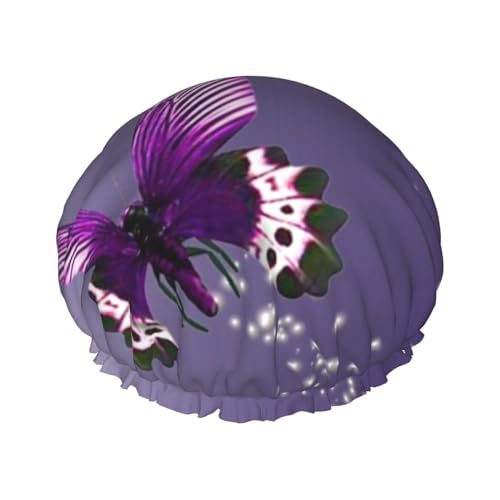 Violette Pflaume Schmetterlings-Duschhaube, wiederverwendbare Duschhaube für Frauen, doppellagige, wasserdichte Haarkappe, für alle Haarlängen von ObabO