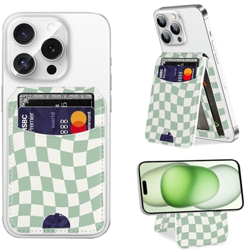 Obbii MagSafe Kartenhalter, verstellbarer Klappständer aus Leder, Kartenfächer, RFID-Blockierung für iPhone 16/15/14/13/12 Serie, passend für 4 Karten (grünes Schachbrett) von Obbii