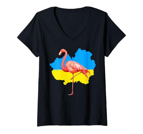 Damen Flamingo Ukraine I Stand mit ukrainischer Flagge Unterstützung 2022 T-Shirt mit V-Ausschnitt von Obeezon