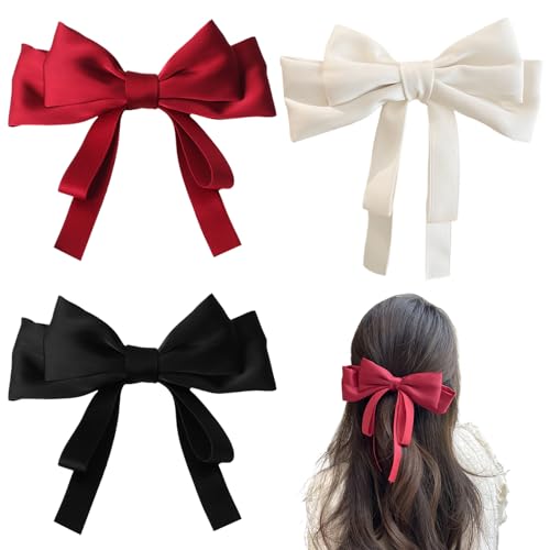 Bogenhaarklammern, 3pcs Satin Französische Haarbögen für Frauen, Bandschwanzhalter mit Metallklammern, seidige Bogen Barrette für jugendliche Mädchen (3 Farben) von Obelunrp