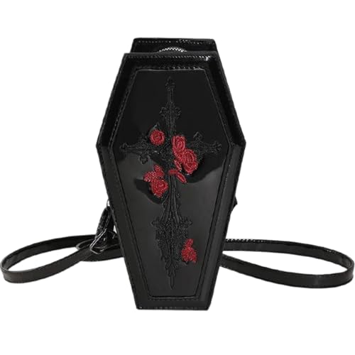 Halloween -Geldbörse für Frauen PU Leder Gothic Halloween Coffin Cross & Red Rose Muster Cosplay Coffin Goth Crossbody Tasche mit verstellbarem Schultergurt, Weihnachtsdekoration von Obelunrp