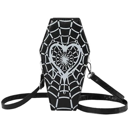 Halloween-Geldbörse für Frauen PU Leder Gothic Halloween Coffin Geldbörse Herzförmiges Spinnennetz-Muster Cosplay Coffin Goth Crossbody Bag mit verstellbarem Schultergurt, Weihnachtsdekoration von Obelunrp