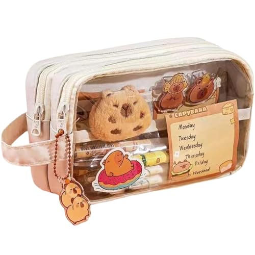 Capybara Pencil Case, 8.3x2.6x5 Reißverschluss Netter Kawaii Pencil Beutel mit klarem Frontfenster Capybara -Schulmaterial mit DIY -Zubehör für die Halten von Regel, Beige, Beutel von Obelunrp