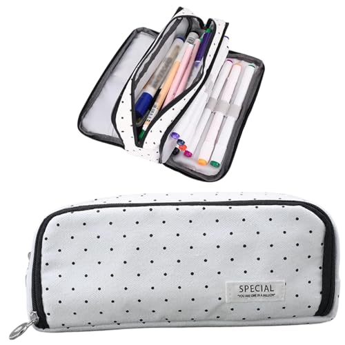 Obelunrp Großer Bleistiftkoffer, Punkte niedliche Bleistiftkoffer mit Reißverschluss, 3 Fächer Leinwand Marker -Stifttasche für Schüler der Jugend -Mädchenschüler, niedlich, Ästhetik von Obelunrp