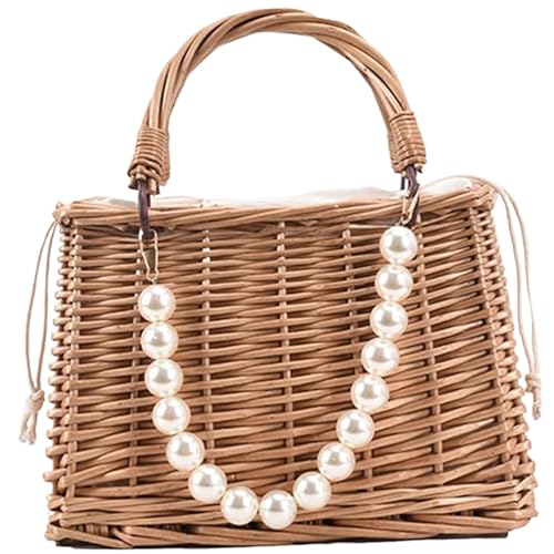 Obelunrp Strandbetriebsfrauen Rattan -Geldbörse mit Perlengriff und Bogen rustikaler Drawess -Strohbeutel mit Stoffheld für Sommerstrand, 9x5x6 Zoll, Style2, Weihnachtsdekoration von Obelunrp