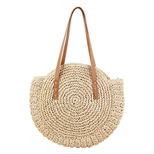 Runde Strohbeutel Web Umhängetasche Frauen Lady Summer Strand Geldbeutel Rattan Strohhandtaschen Böhmen Crossbody 44 x 41 cm Beige L, Runde Taschen für Frauen, Weihnachtsdekoration von Obelunrp