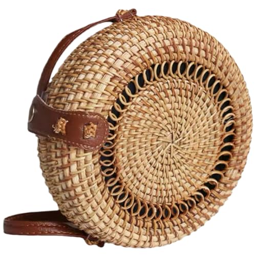 Strohbeutel für Frauen PU -Gurt Single schulter gewebte Tasche Casual Wobol -Geldbörse mit Schnalle und Liner tragbarer Kreuzkörper für Strandreisen, Runde, 7.1x7.1x2, 8in, Weihnachtsdekoration von Obelunrp