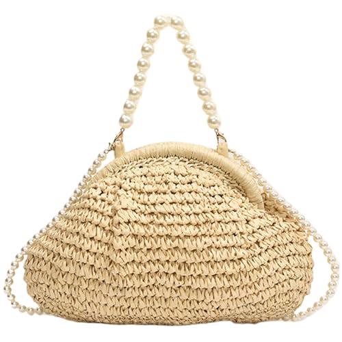 Strohhalmwolke Wolkenknödelbeutel elegante gewebte Geldbörse mit Perlengriff und Schultergurthandtaschen -Crossbody -Taschen für weibliche Sommerstrand Reise Dating Beige, Stroh, Weihnachtsdekoration von Obelunrp