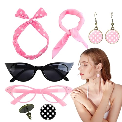 Haarbänder mit Punkten für Damen, 50er-Jahre-Accessoires für Damen | Set mit rotem Schleifen-Haarband und bedruckten Anhängern, Katzenaugenbrille mit Haarbändern und Stirnband Haarbänder mit Punkten für Damen, 50er-Jahre-Accessoires für Damen | Set mit rotem Schleifen-Haarband und bedruckten Anhängern, Katzenaugenbrille mit Haarbändern und Stirnband von Obesntln