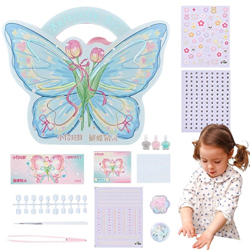 Kinder-Schmetterlings-Nagelkunst-Set – komplettes Set tragbarer Nägel, Spielzeug-Nagelaufkleber-Geschenk für Mädchen, Kinder-Nagelkunst-Set, Nagellack-Aufkleber-Dekorationsset Perfekt für Weihnachten von Obesntln