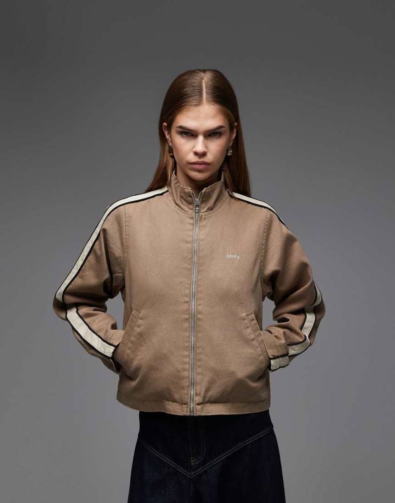 Obey - Astrid - Denim-Trainingsjacke mit seitlichen Streifen in Braun und Beige-Brown von Obey