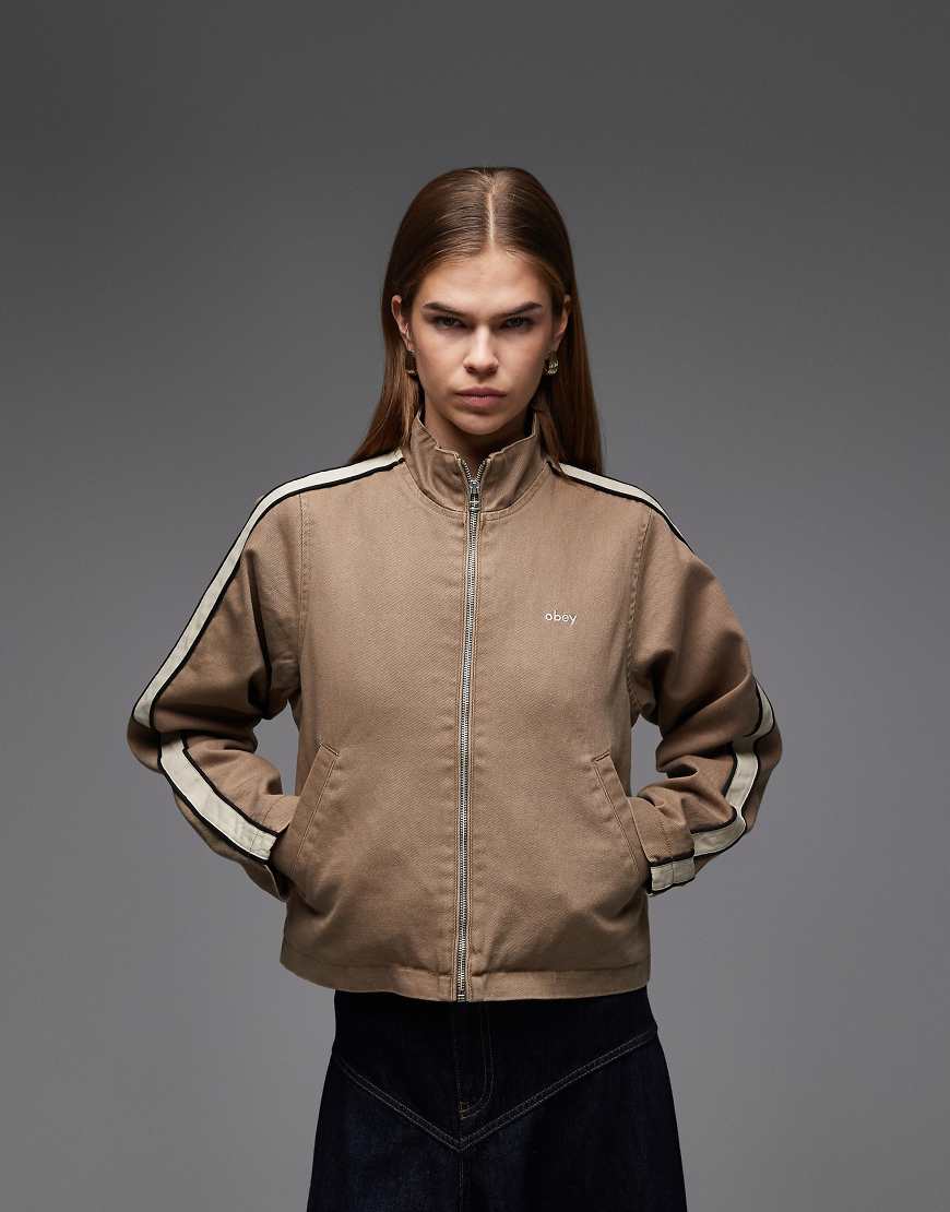 Obey - Astrid - Denim-Trainingsjacke mit seitlichen Streifen in Braun und Beige-Brown von Obey