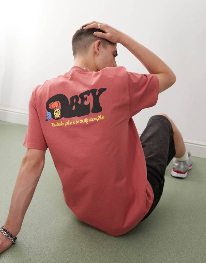 Obey - Earth Drop Out - T-Shirt in Mineralrot mit Logo- und Rückenprint von Obey