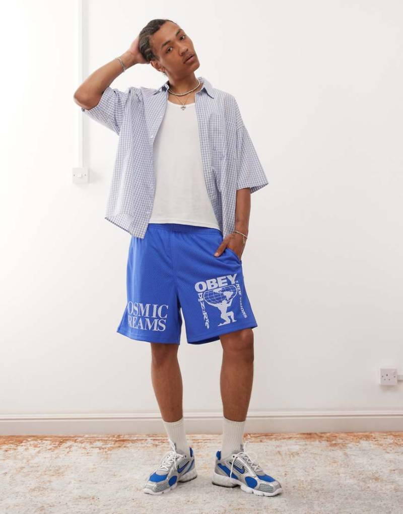 Obey - Schlichte Netzstoff-Shorts in leuchtendem Blau mit „Cosmic Dreams"-Print von Obey