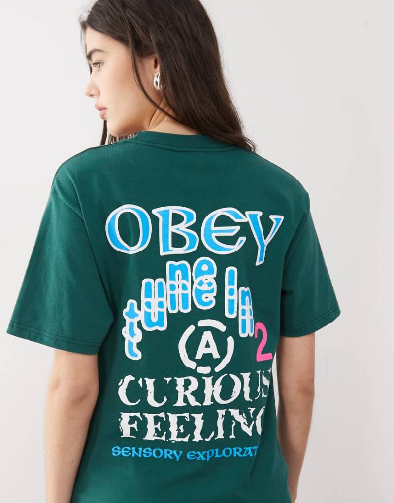 Obey - Sensory - T-Shirt in Dunkelgrün mit Logo- und Grafikprint am Rücken von Obey