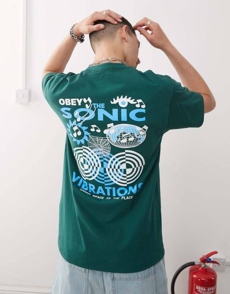 Obey - Sonic Vibrations - T-Shirt in Dunkelgrün mit Logo- und Grafikprint am Rücken von Obey