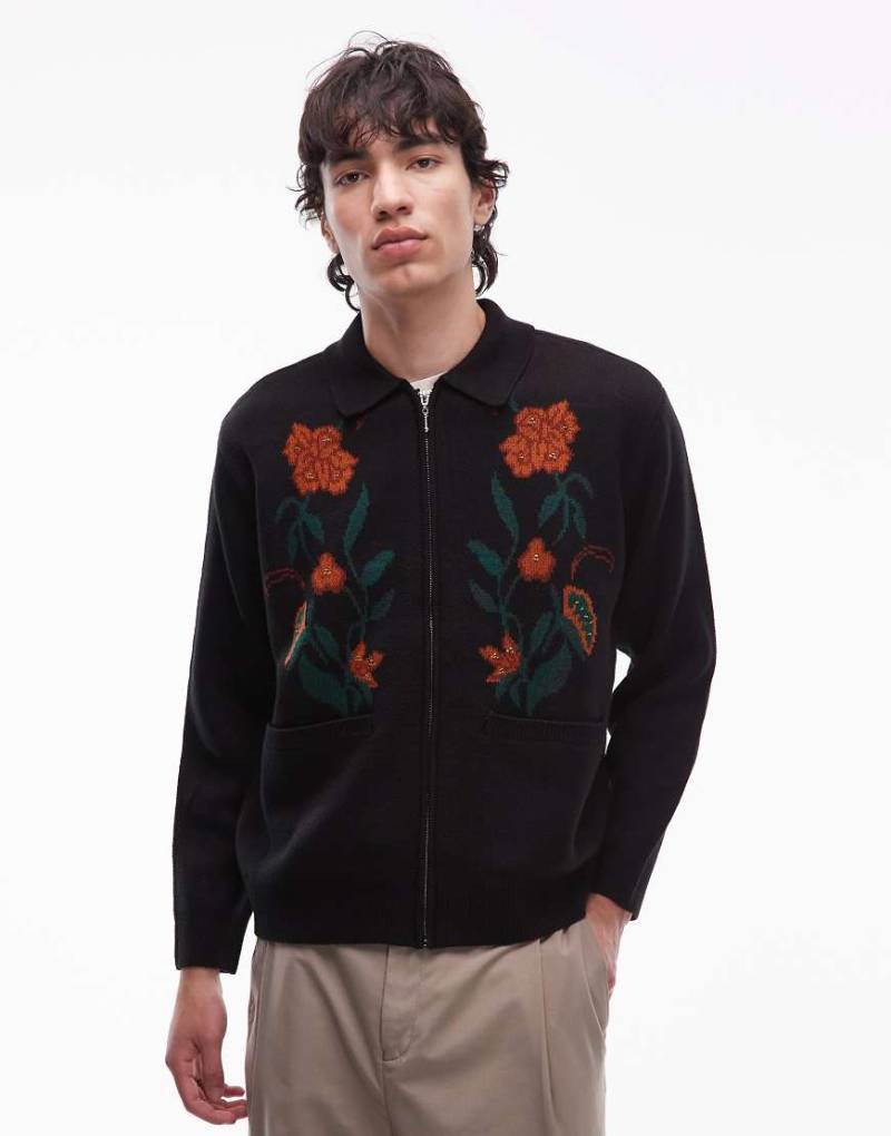 Obey - Strickjacke in Schwarz mit Reißverschluss und Blumenmuster von Obey