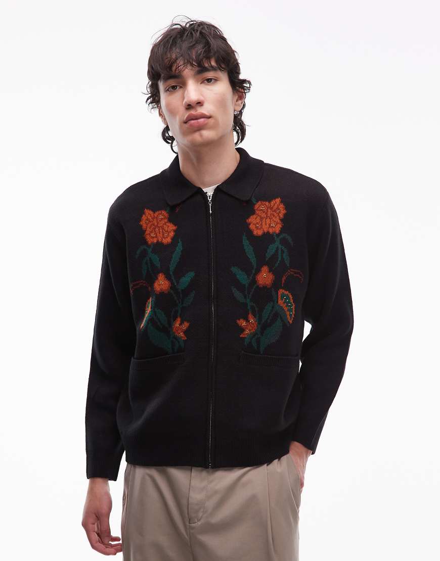 Obey - Strickjacke in Schwarz mit Reißverschluss und Blumenmuster von Obey