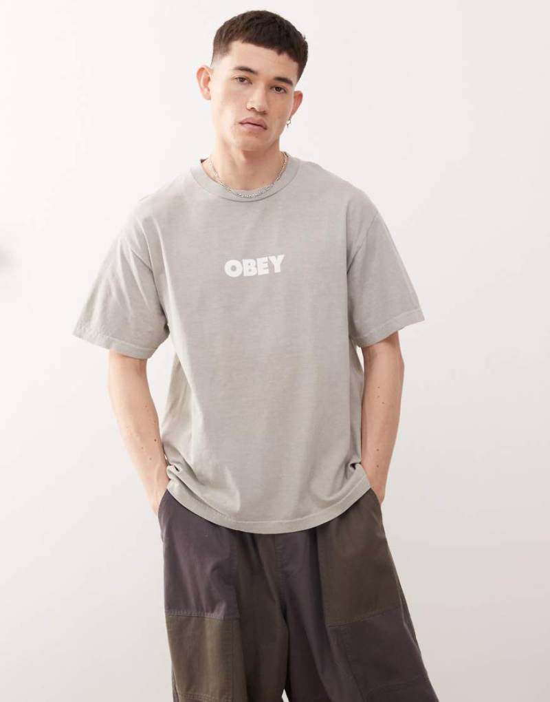 Obey - T-Shirt in Pigment-Silbergrau mit dickem grafischem Logo von Obey