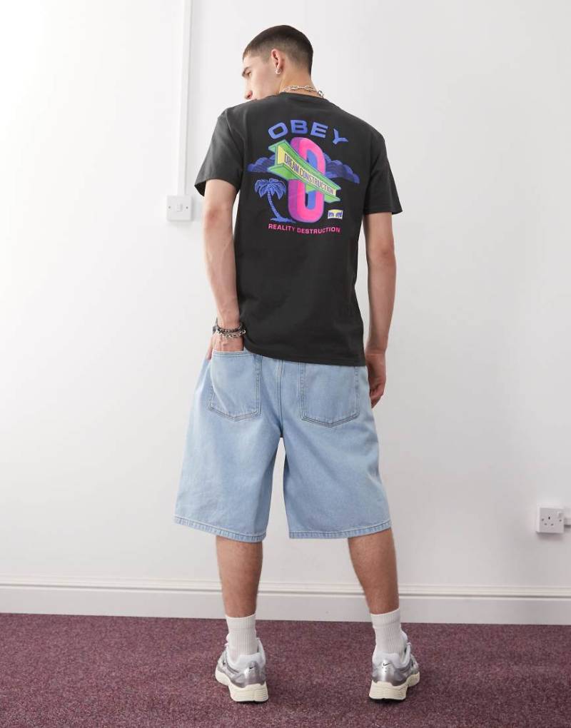 Obey - T-Shirt in schwarzer Vintage-Waschung mit „Dream Construction"-Logoprint auf dem Rücken von Obey