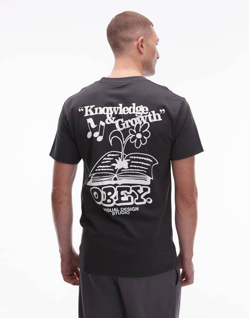 Obey - T-Shirt in verwaschenem Schwarz mit „Knowledge & Growth"-Grafik- und Textprint von Obey